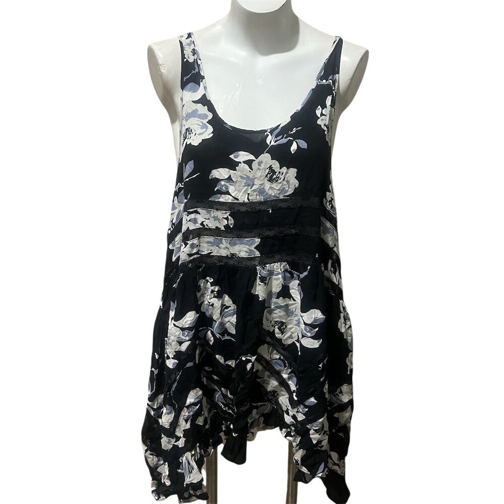 Free People Intimately Slip Dress Womens L Black Floral Mini Lace Trim